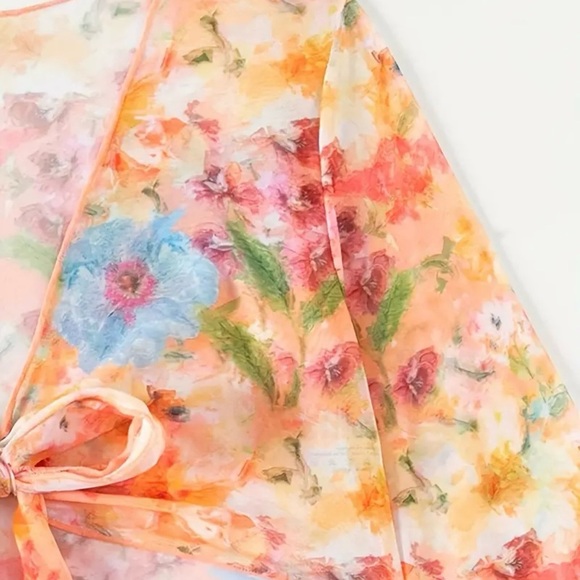 4 Piece Floral Halter Top Bikini Set with Sheer Cover Up & Ruffled Skirt - Picture 4 of 12